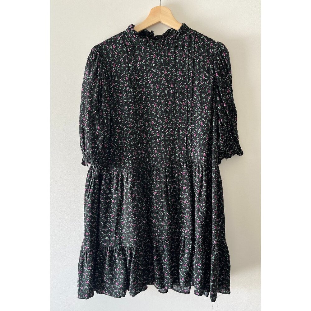 Zara Black Floral Loose Fitting Dress with Puff Sleeves